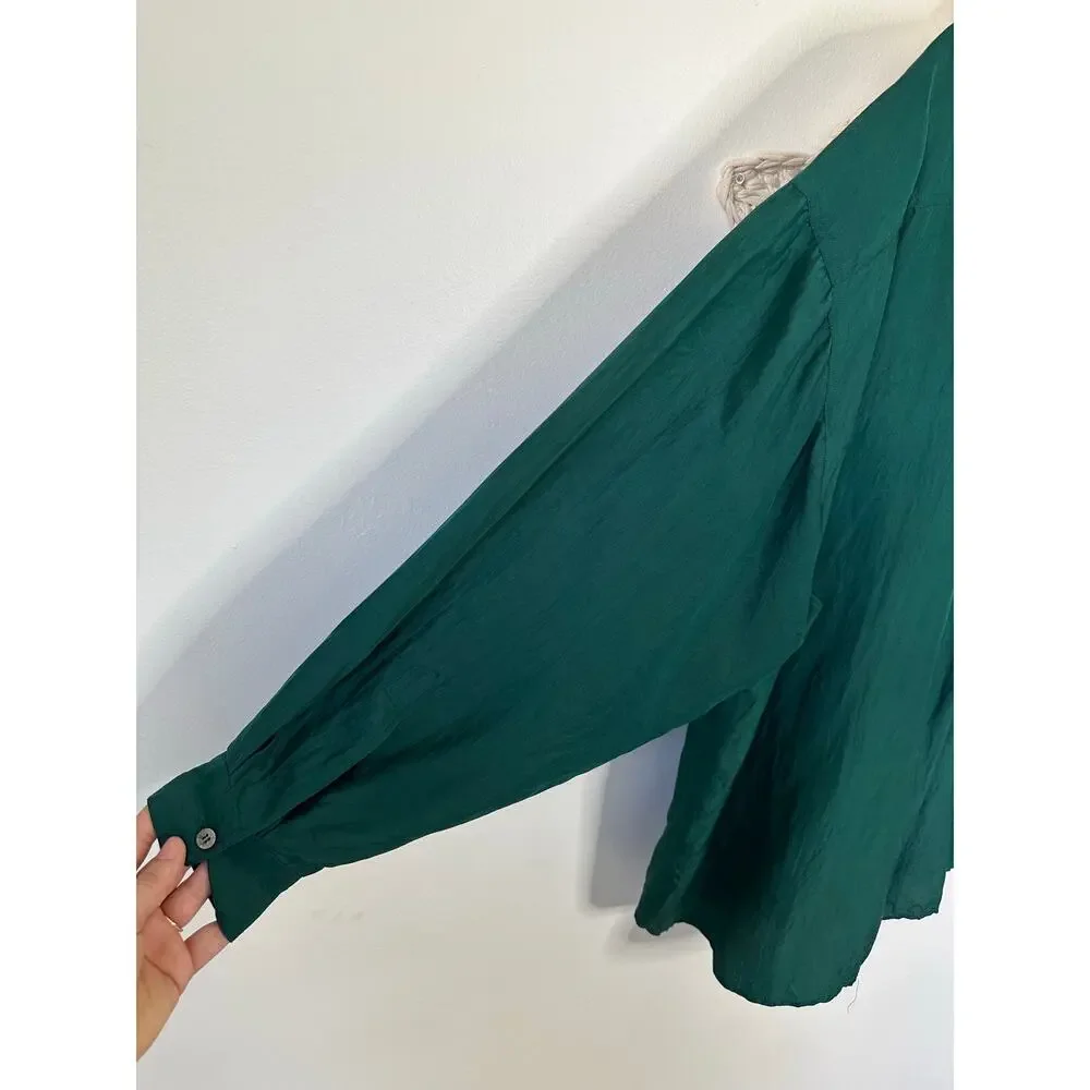 Express Vintage 90s Forest Green Silk Oversized Button Up Shirt Size Large